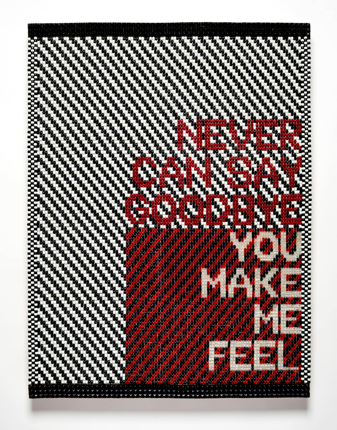 NEVER CAN SAY GOODBYE - YOU MAKE ME FEEL, 2016
Wool, artificial sinew, glass beads, canvas, acrylic medium, wood, steel studs
40 x 30 in (101.6 x 76.2 cm) -  Marc Straus Gallery